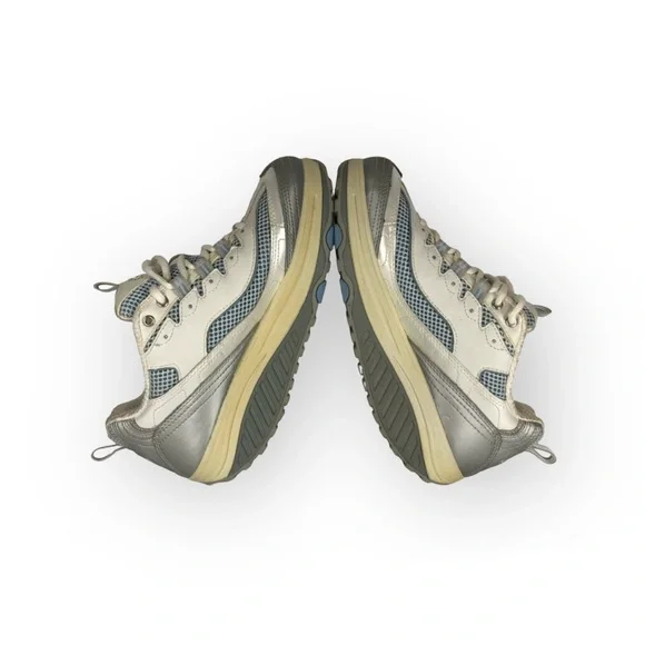 Skechers Shape-Ups Leather Walking Fitness Shoes Silver Blue Off-White Gray - Picture 1 of 13